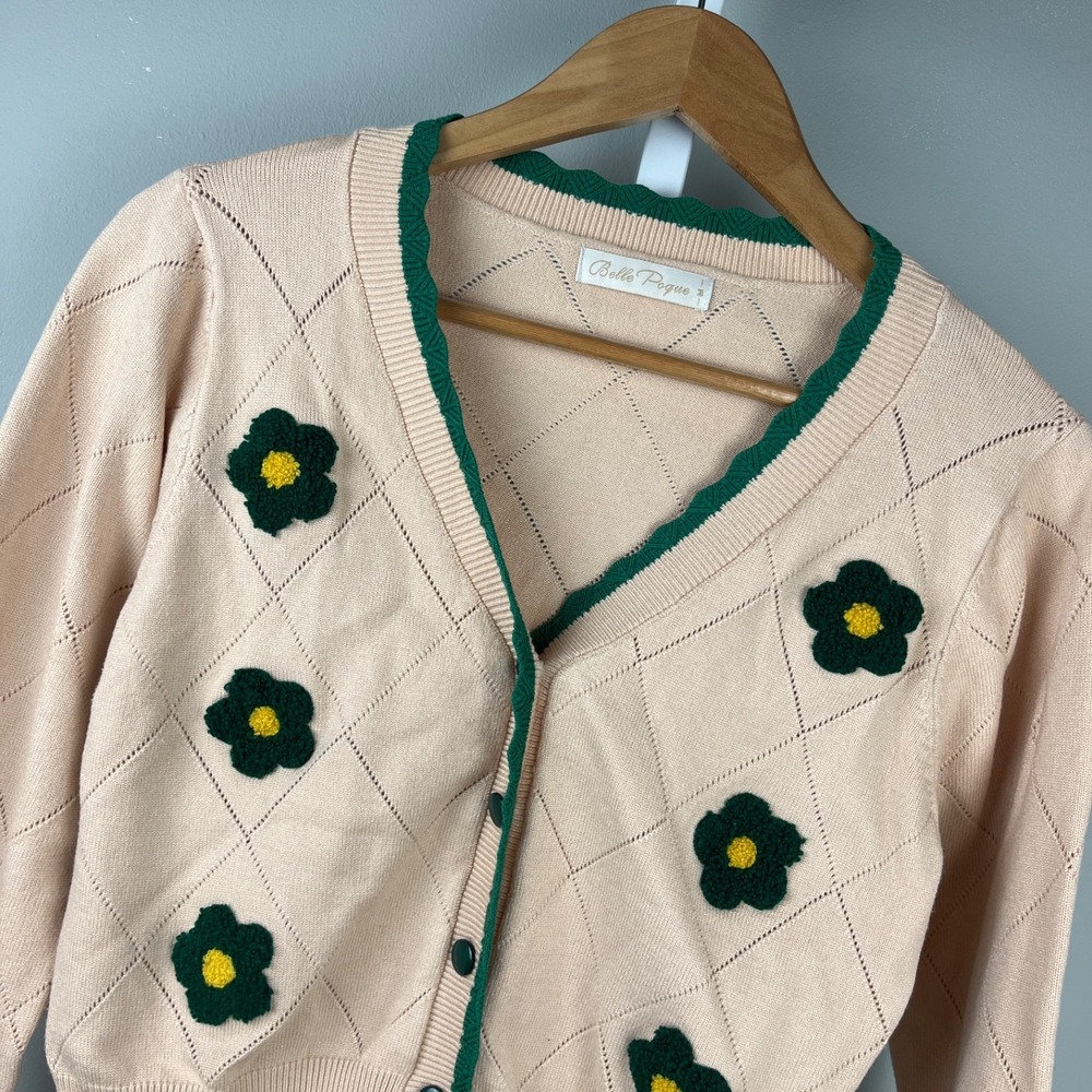 Belle Poque Peach Floral Trim Cardigan Sweater
